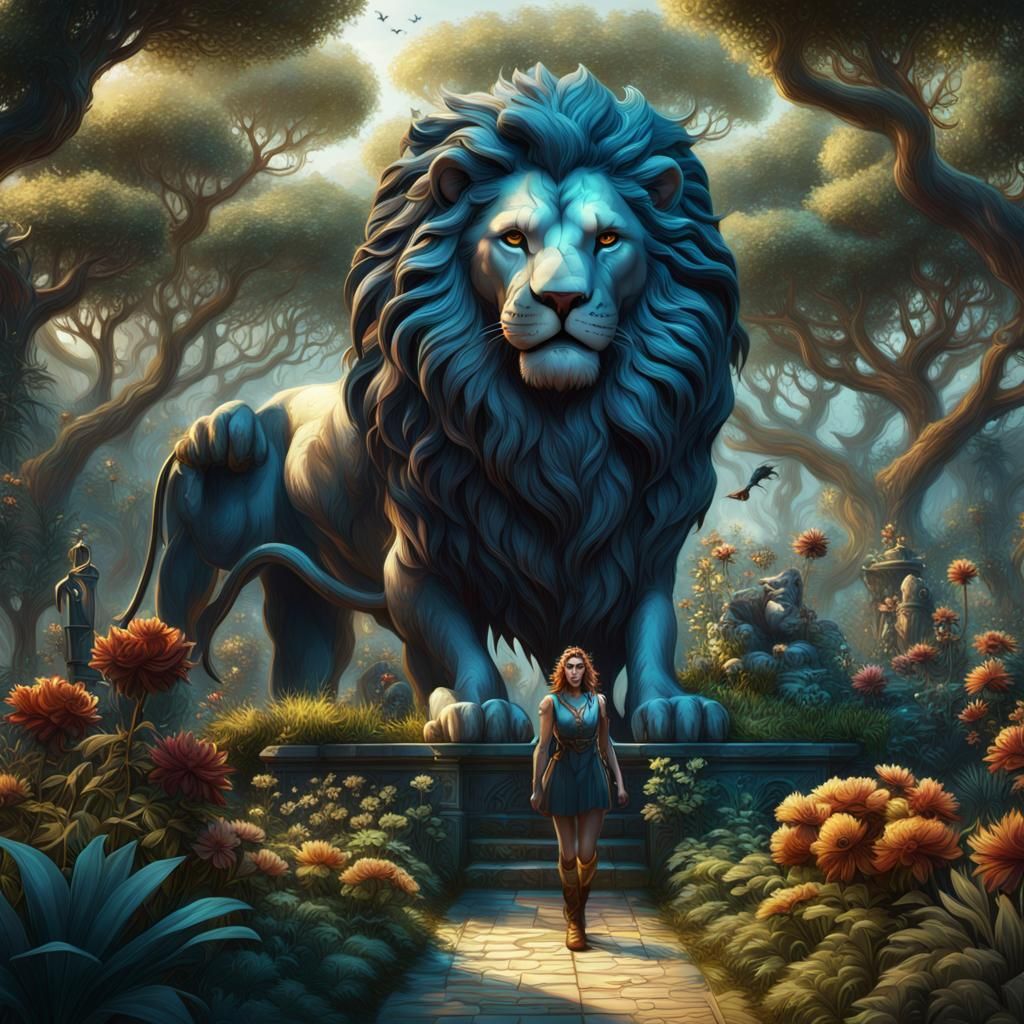 Zodiac Leo: Girl and Lion in Garden