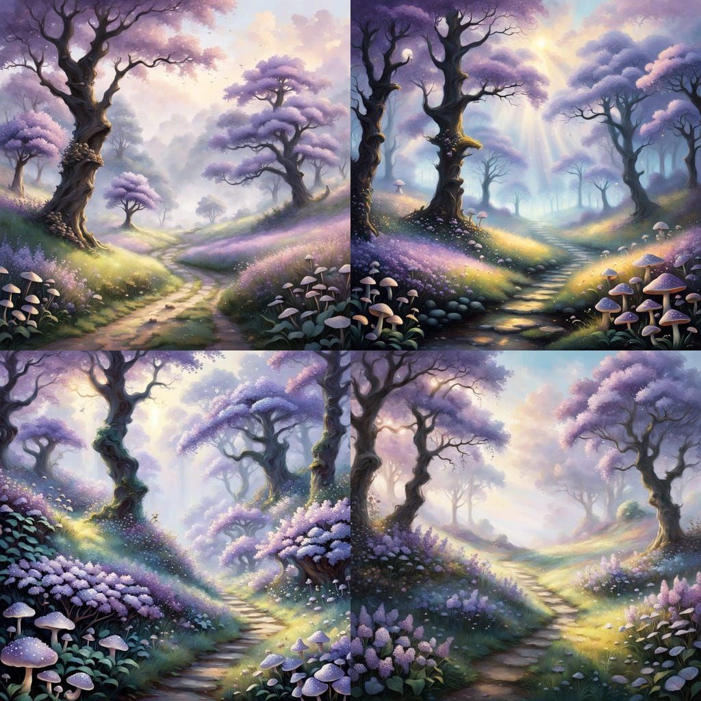 Whimsical Lilac Forest Scene with Mushrooms