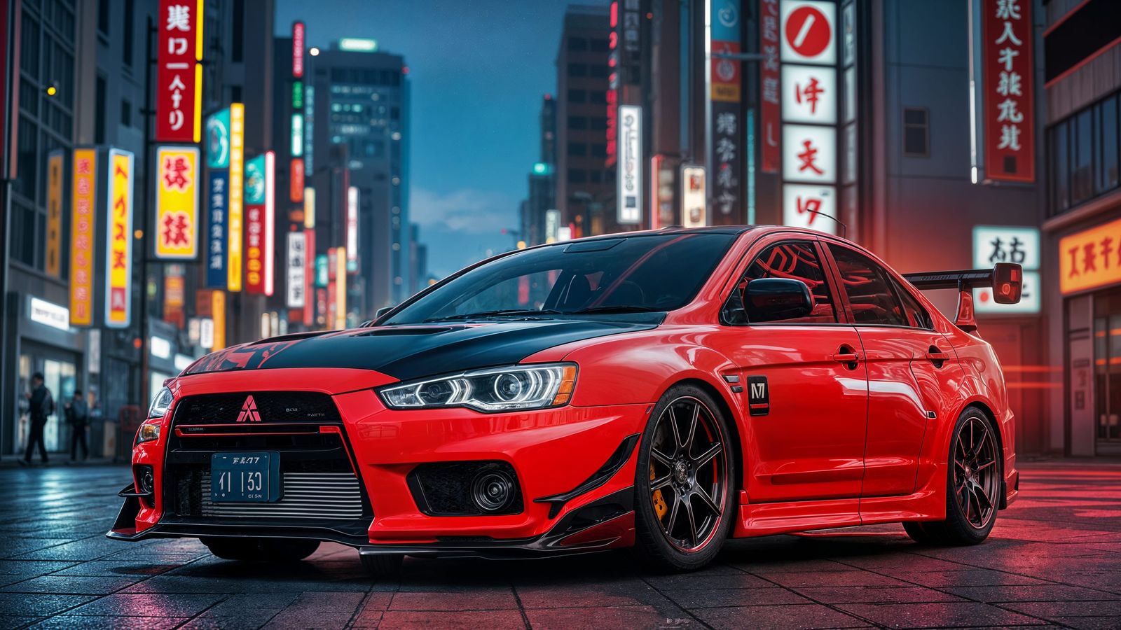 Neon Mitsubishi Lancer in Anime Style Tokyo