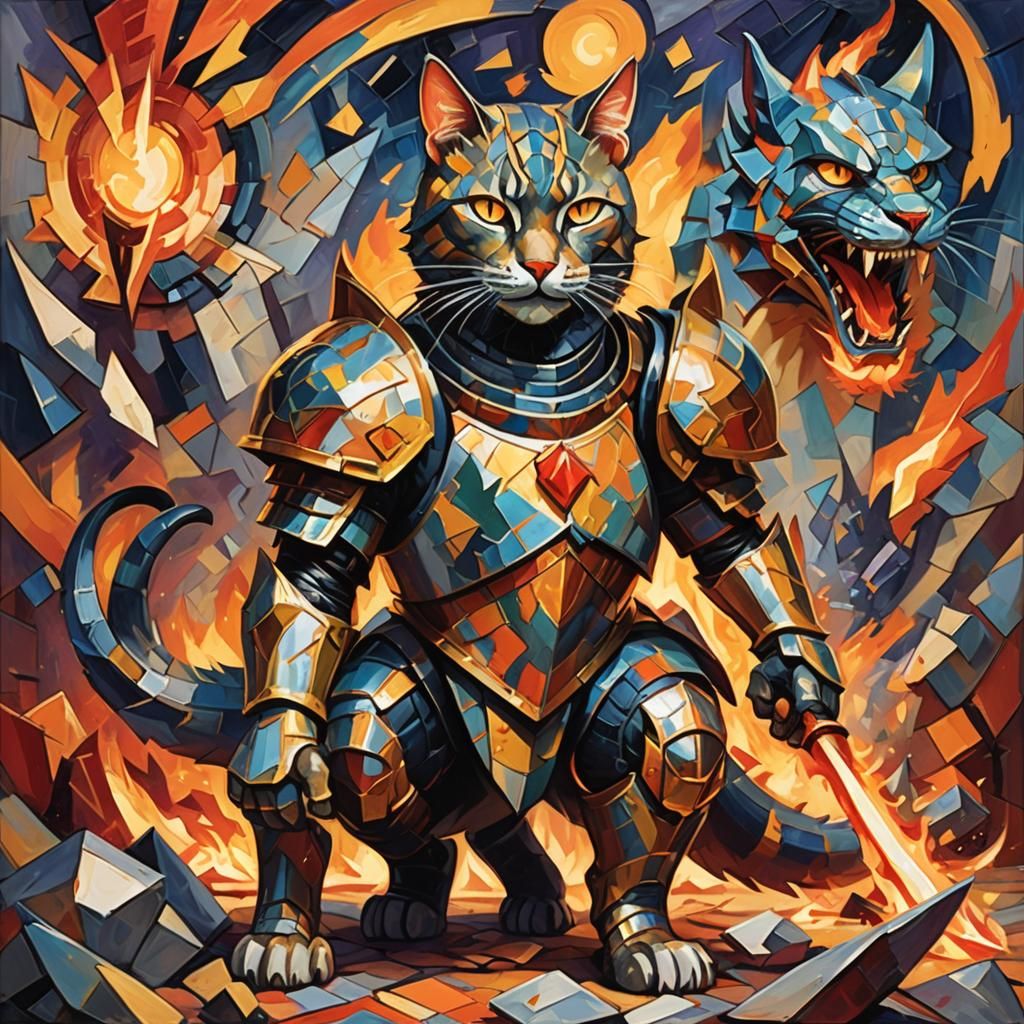 Armored Cat Battles Dragon: Cubist-Fauvist Concept Art