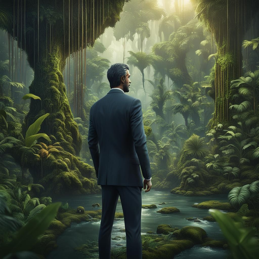 Businessman Immersed in Lush Rainforest Concept Art