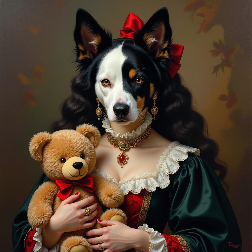 Half Woman Half Dog Baddie With Teddy Bear Oil Painting