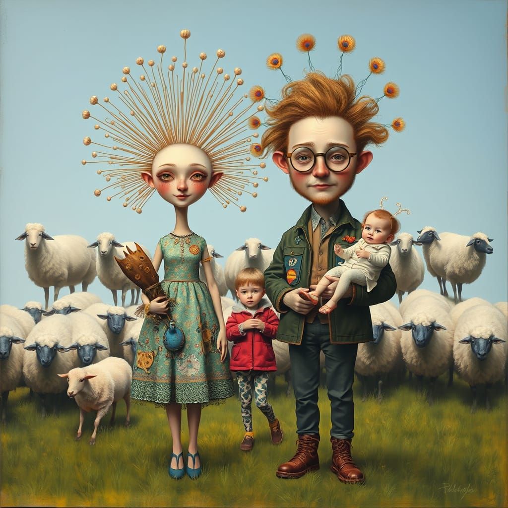 Surreal Whimsical Figures in Dürer Style with Giant Sheep