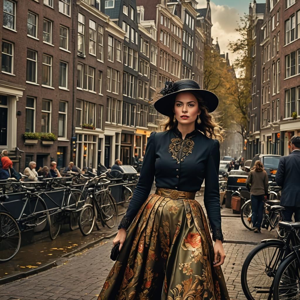 Elegant Woman Walking Amsterdam Canals, Matte Painting