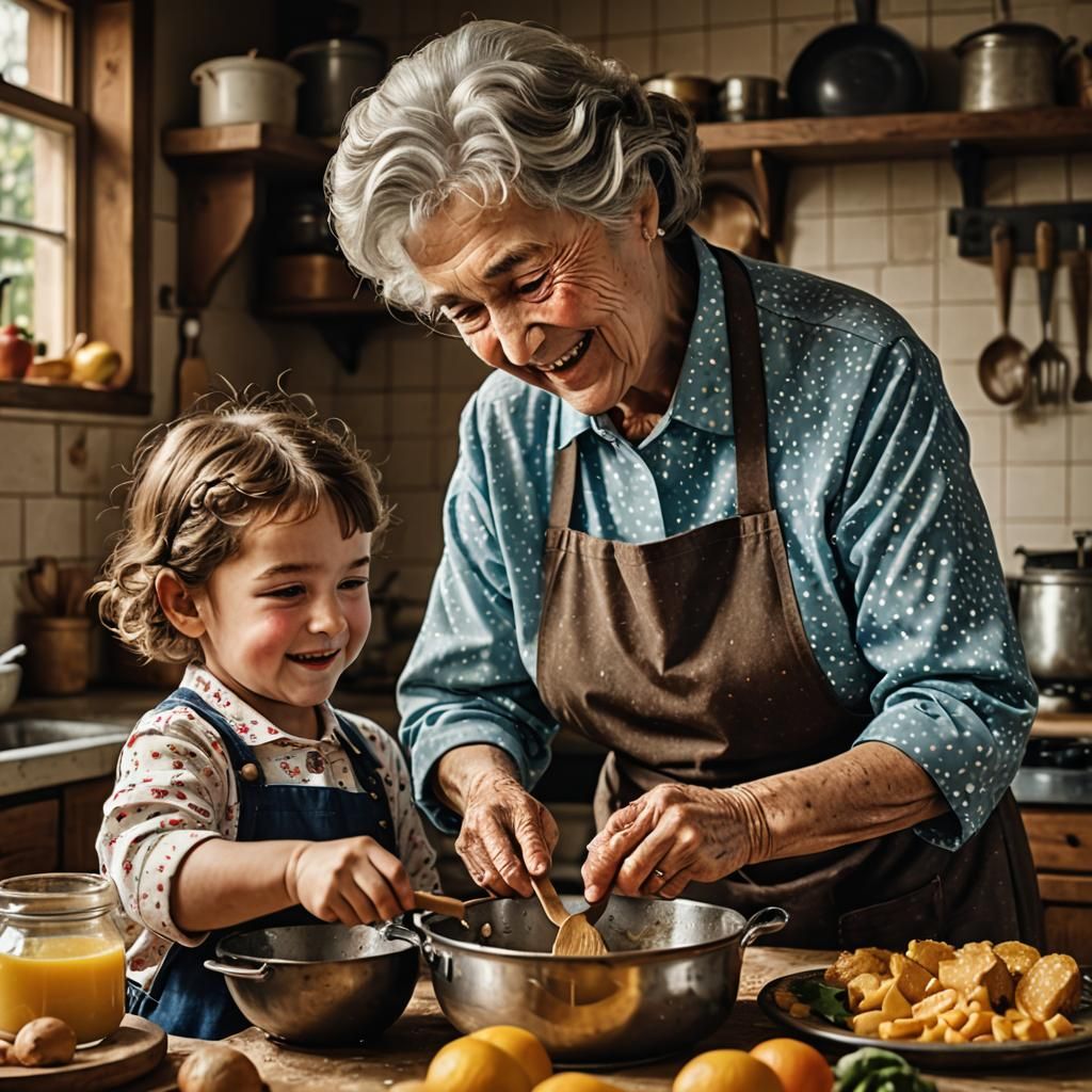 Grandmother and Child Cooking: Nostalgic Kitchen Scene