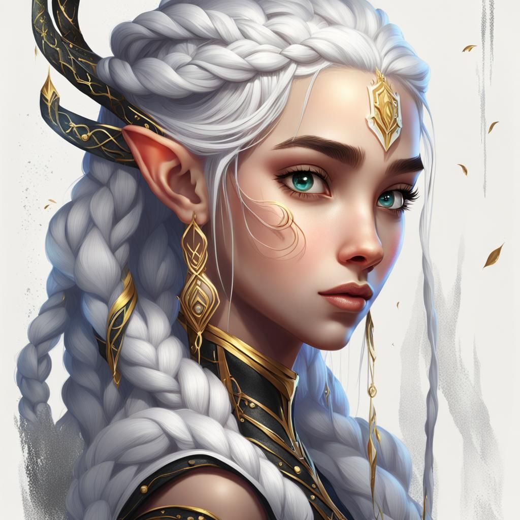 Disney style drawing, beautiful white elf girl with twisted black braids and large golden eyes, fantasy, Disney 2-d draw...