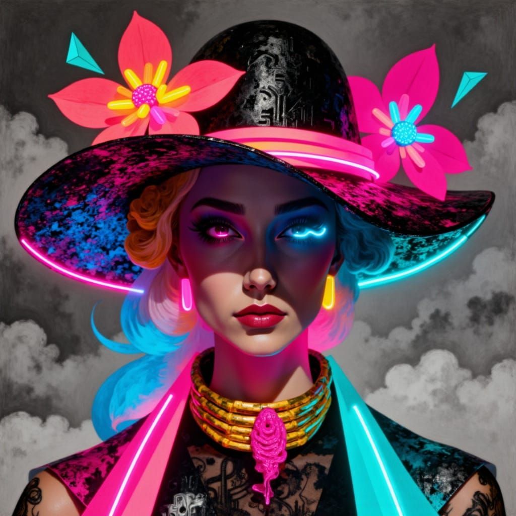 Pinup Model Wears Hat with Neon Flowers