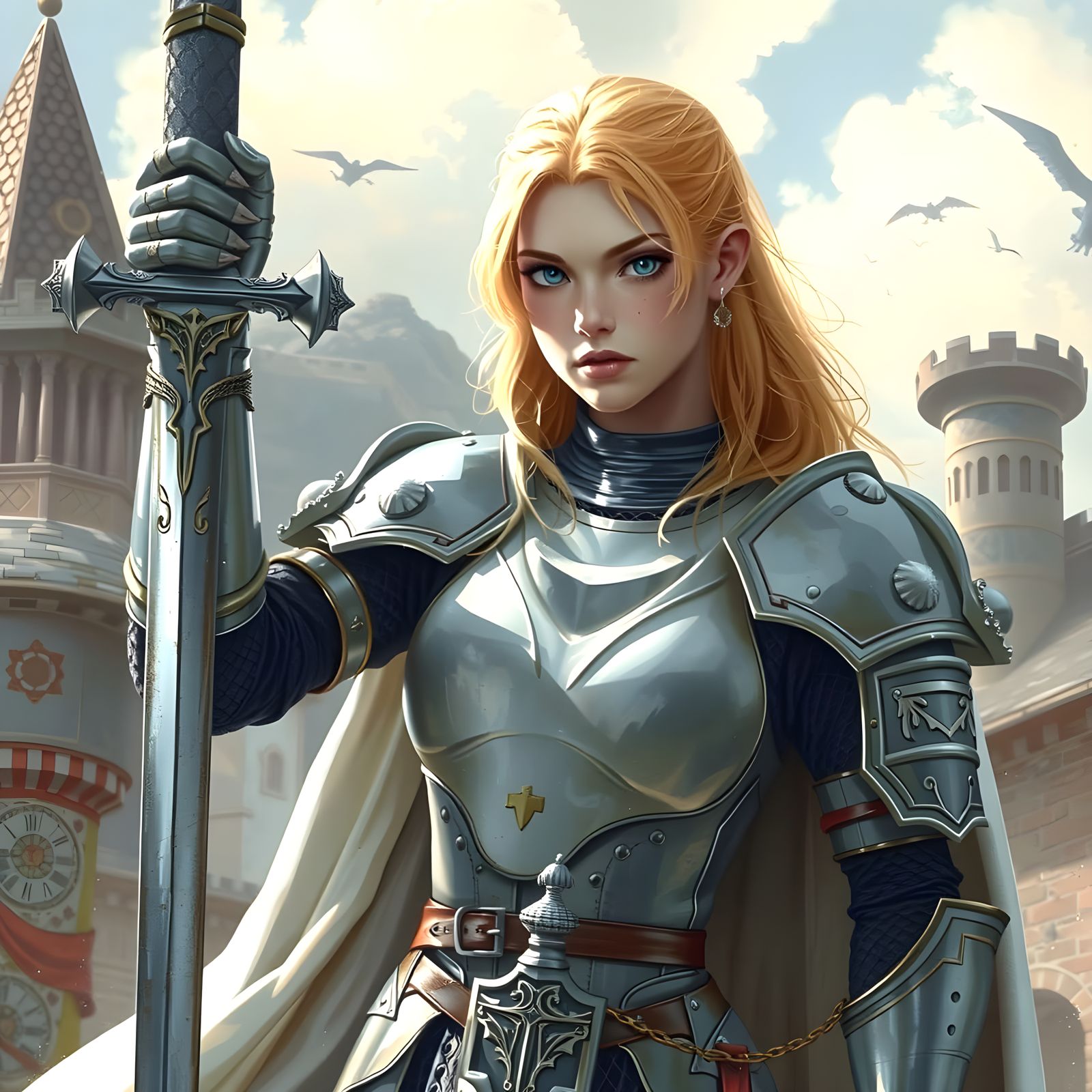 Victorious Blonde Female Knight in Shining Armor