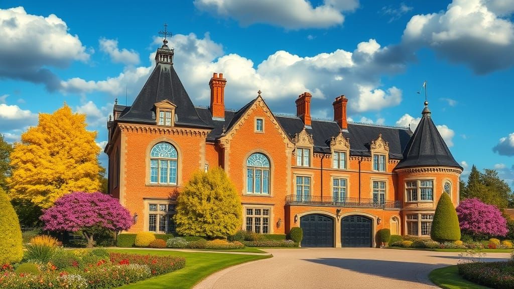 Grand Brick Chateau Amidst Vibrant Autumn Foliage