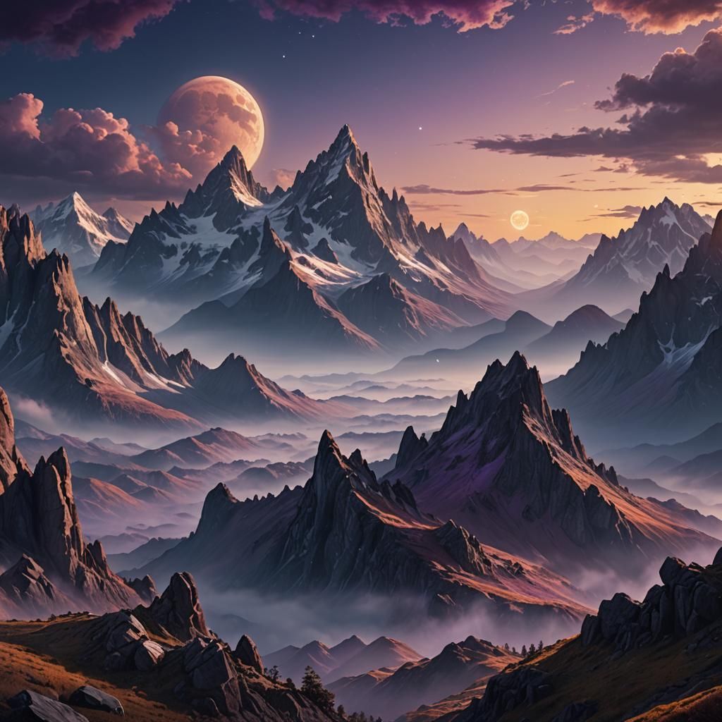 Majestic Moonrise Over Mountain Range in Fantasy Art
