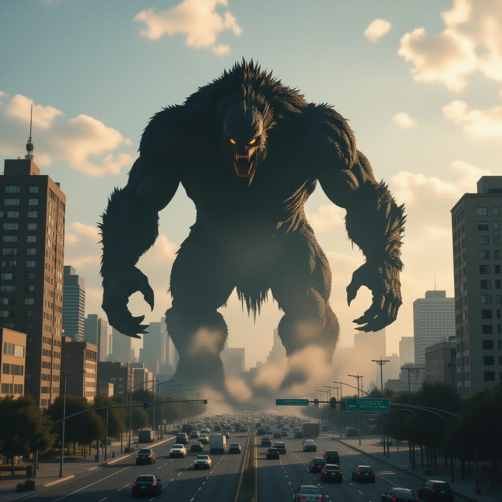 Giant Shadow Beast Attacks Metropolis: Cinematic Film Still