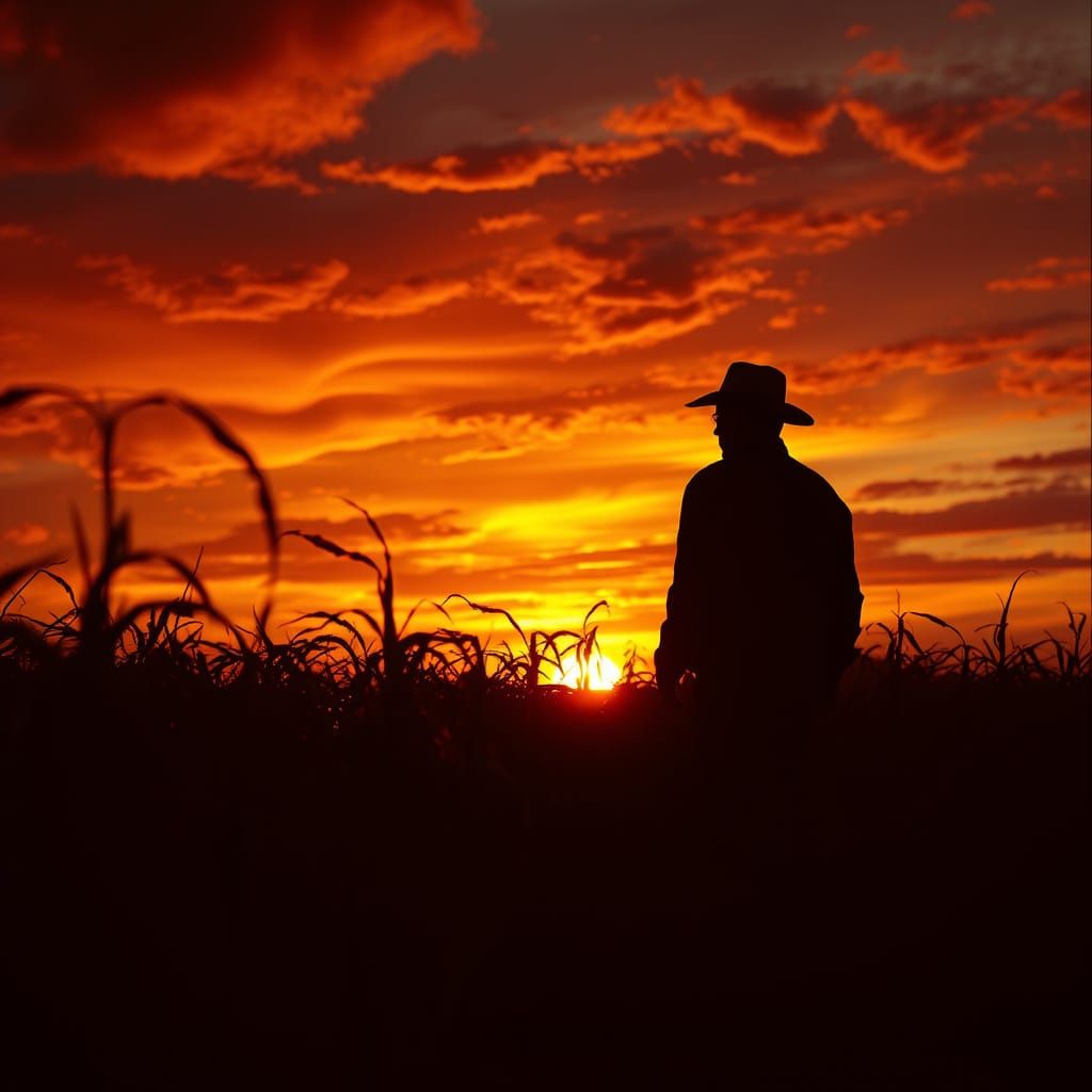 Farmer Silhouetted Against Fiery Sunset in Harvest Field