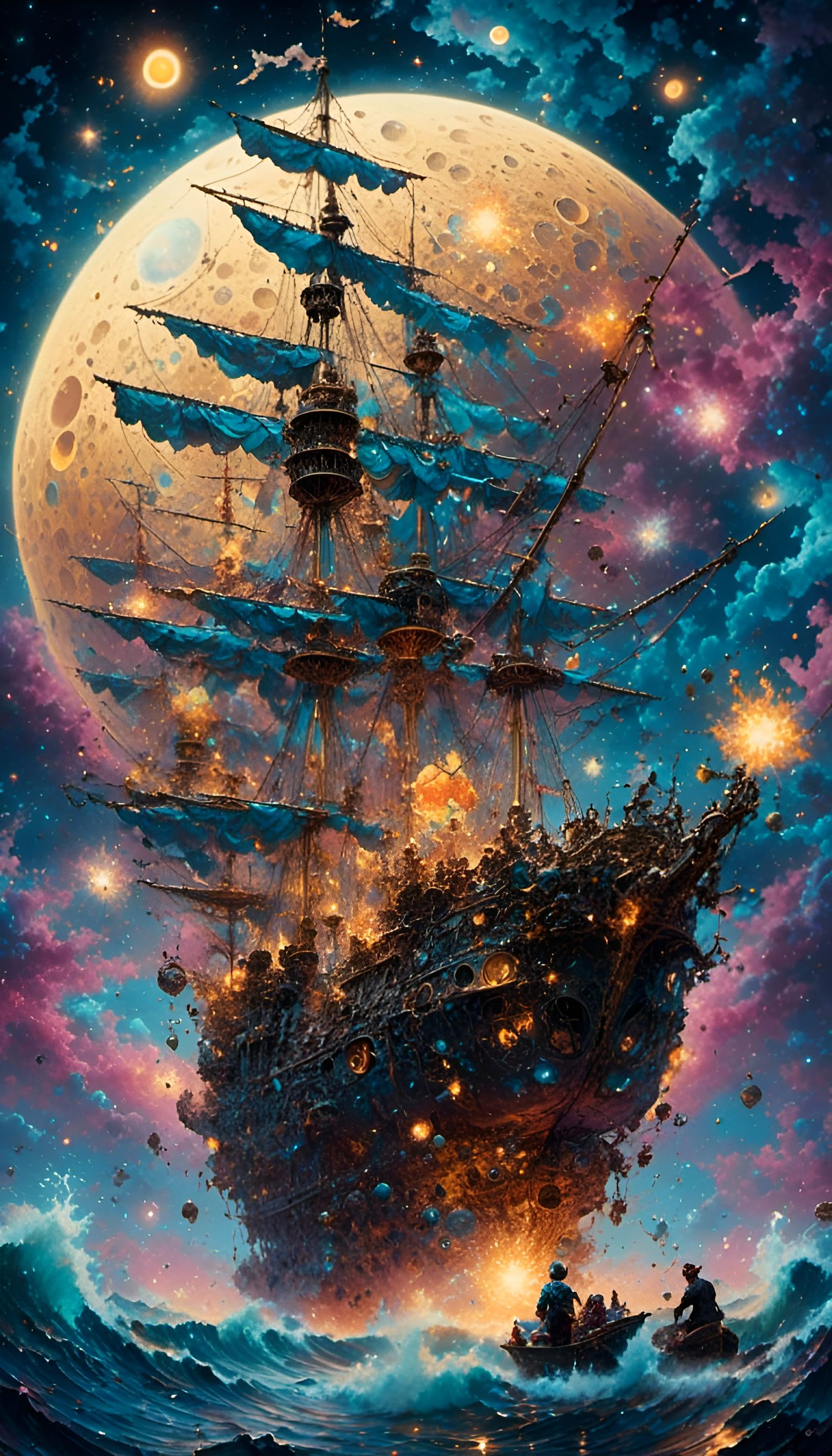 Cosmic Crescent Moon in Gouache Style