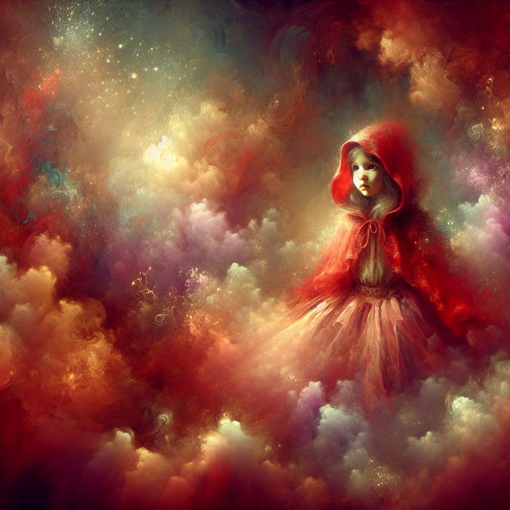 Ethereal Little Girl in Vibrant Red Hooded Costume