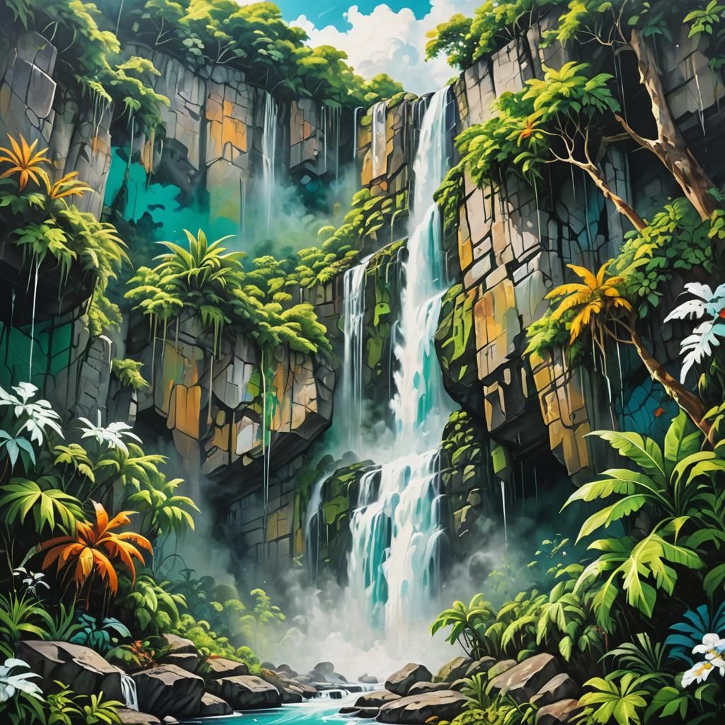 Waterfall Over Clouds: Graffiti Art Tropical Landscape