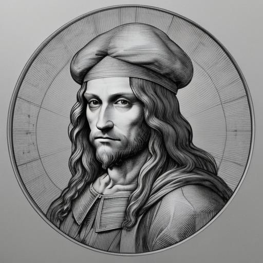 Leonardo Da Vinci in line art, B&W, cross-hatching, shading.