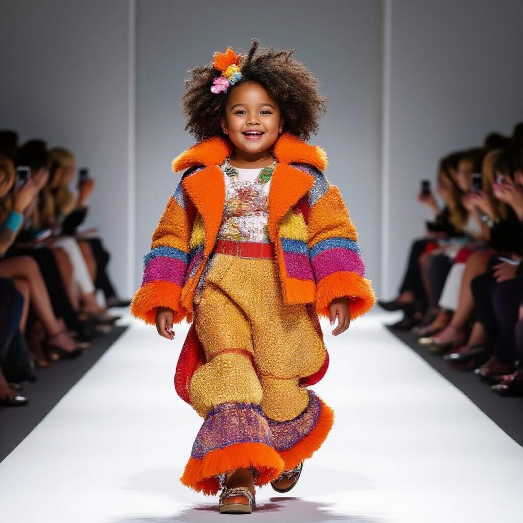 Child Model Struts Fashion Week Runway in Vibrant Avant-Gard...