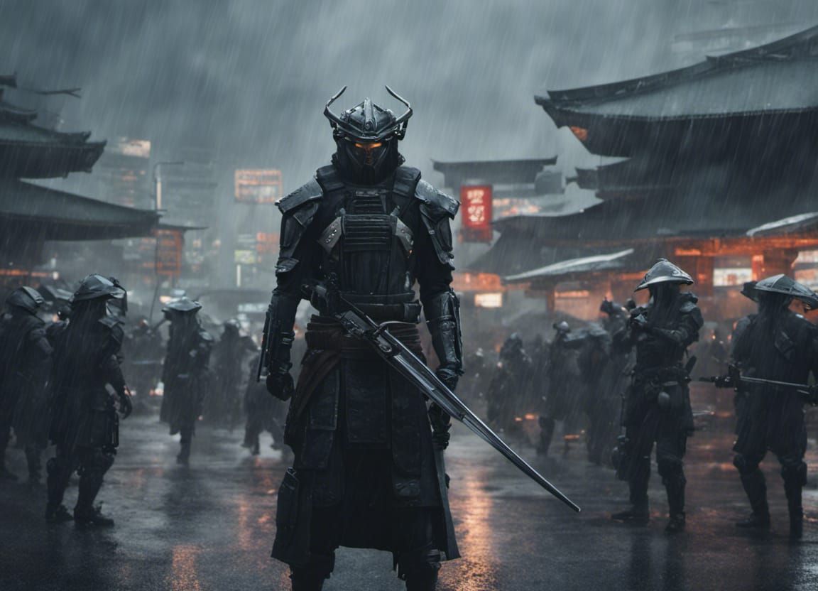 Cybernetic Samurai Enforcer in Rainy Cyberpunk Scene