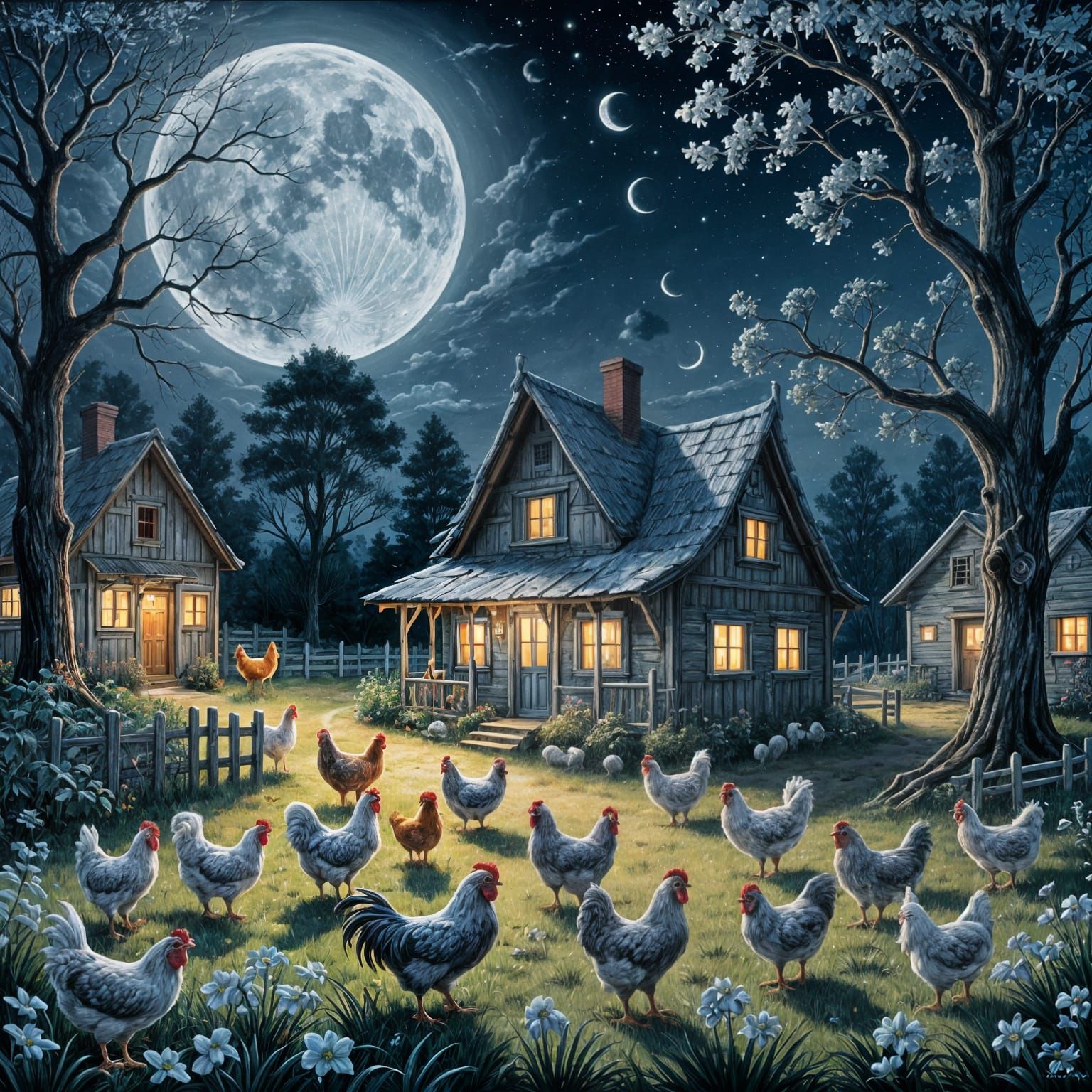 Chickens Gather Near House Under Full Moon