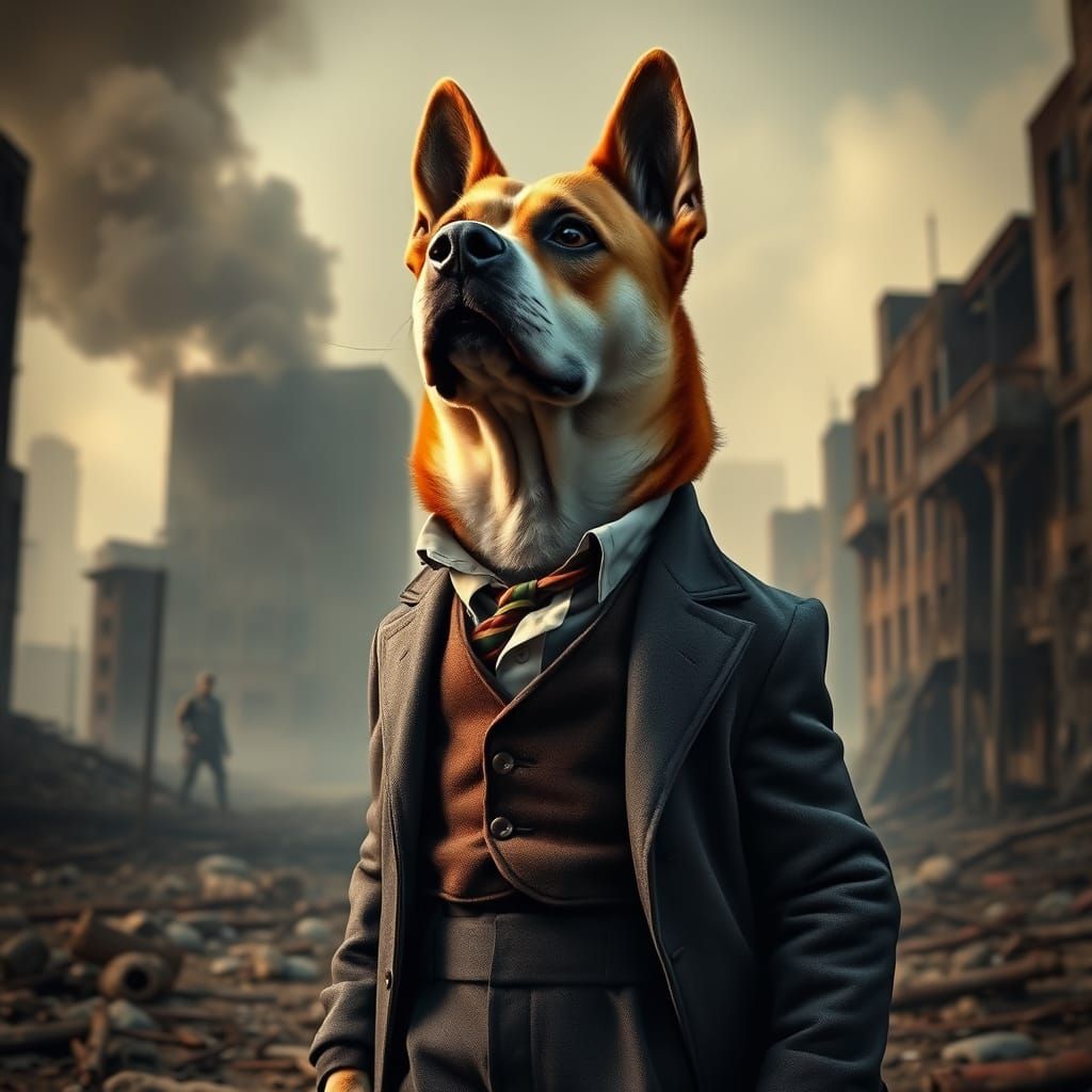 Heroic Dog in Ruined City: Cinematic Post-War Portrait