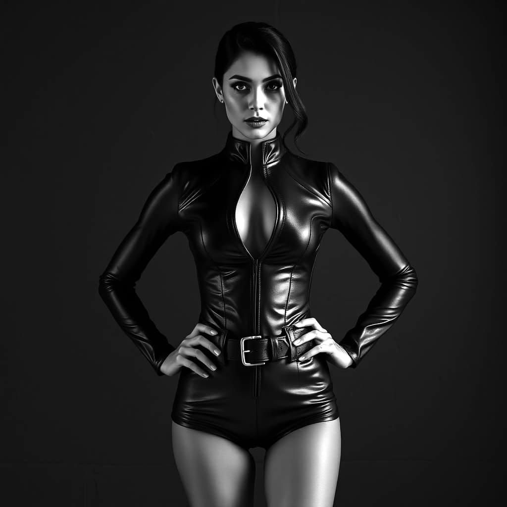 Confident Latina Woman in Black Leather Bodysuit