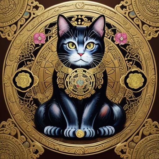Baroque Maneki Neko with Mandala Oil Painting