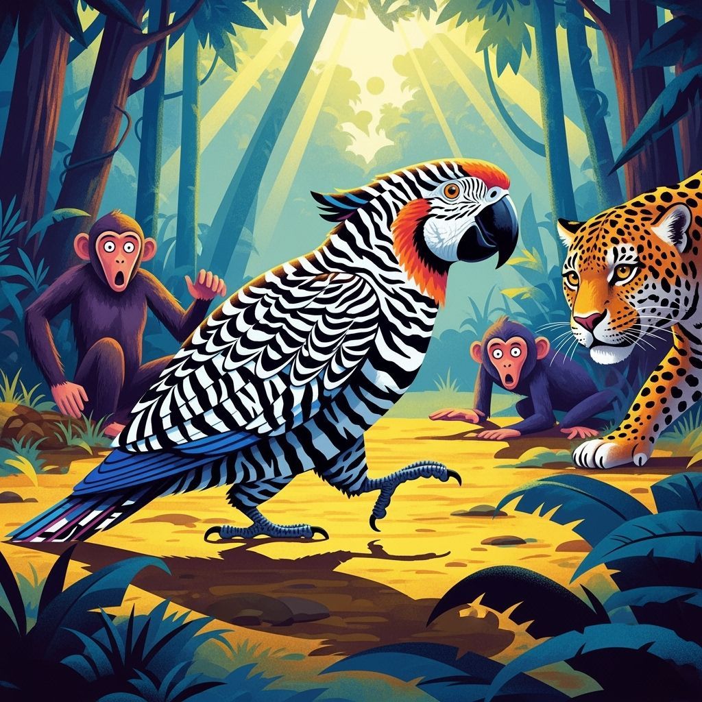 Zebra-Striped Parrot in Sun-Dappled Jungle