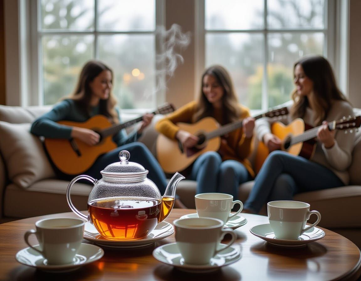 Cozy Tea Party by Rain-Streaked Window