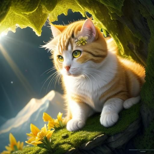 Yellow Flower Topiary Cat in Fantasy Landscape