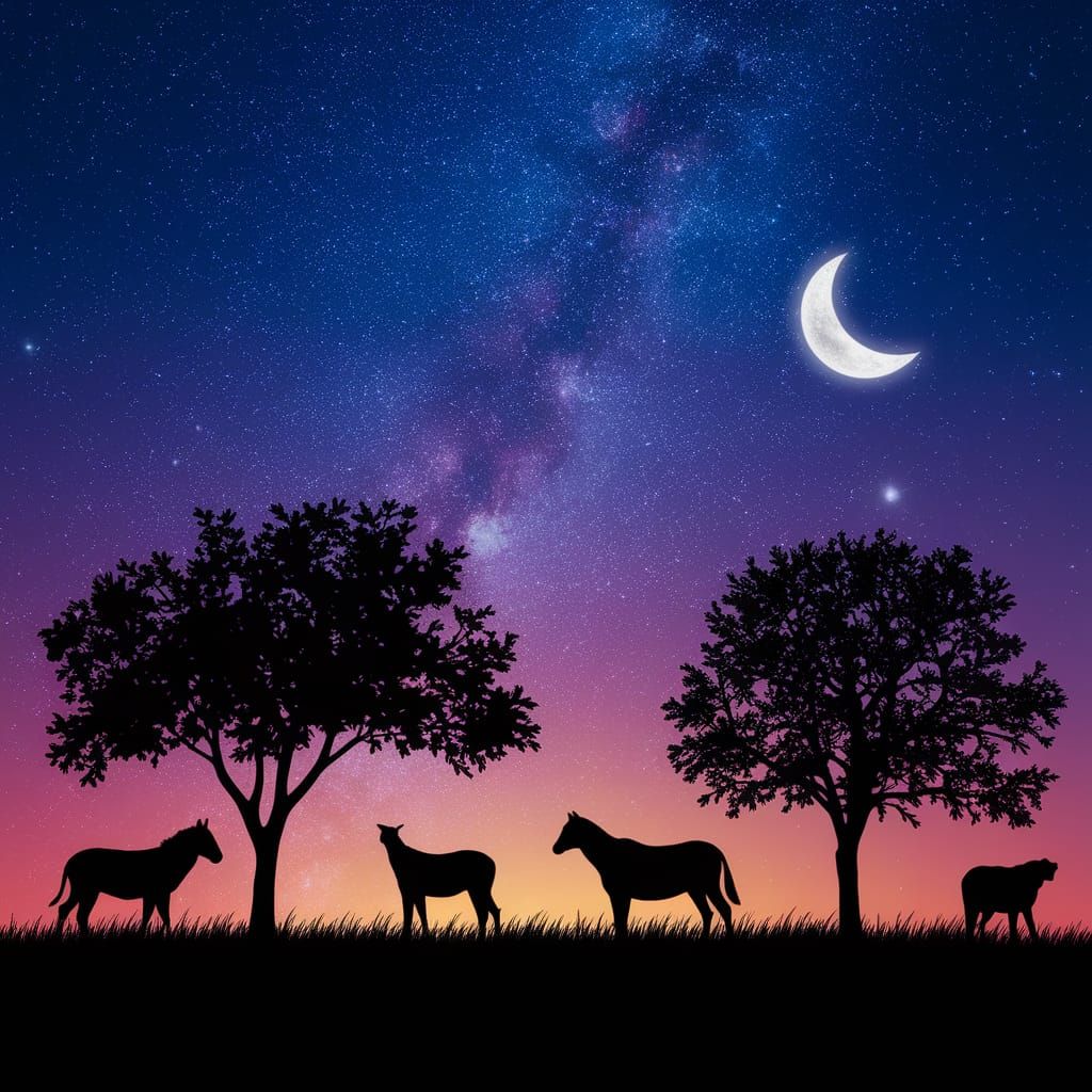Silhouetted Nature Against a Glowing Night Sky