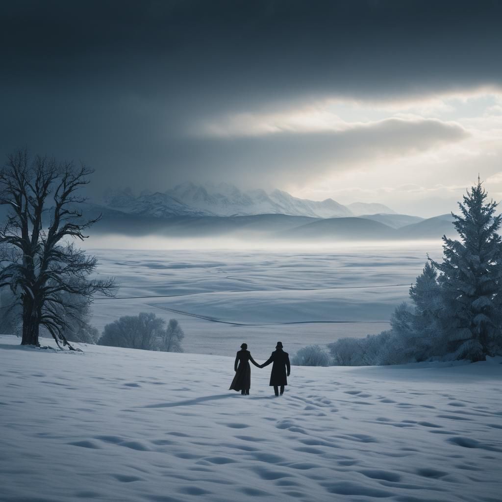 Cinematic Winter Landscape with Figures in Mist