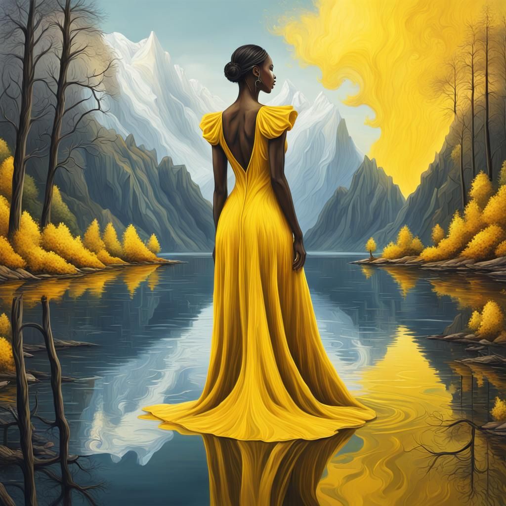 Surreal art,a woman in a yellow dress standing near a lake