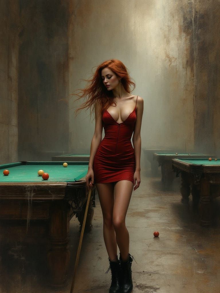 Red-Haired Woman in Moody Pool Hall