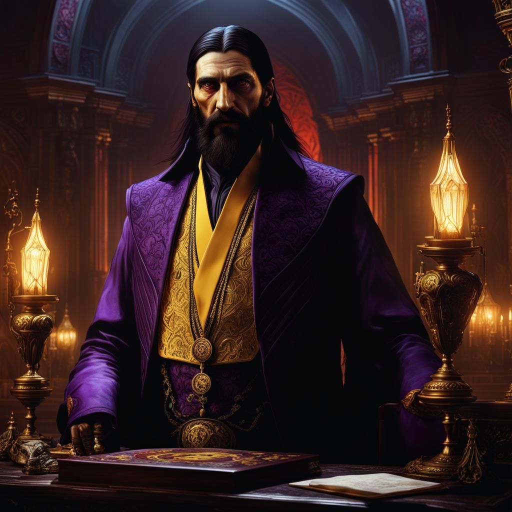 Rasputin as a Malkavian in Dark Fantasy Style