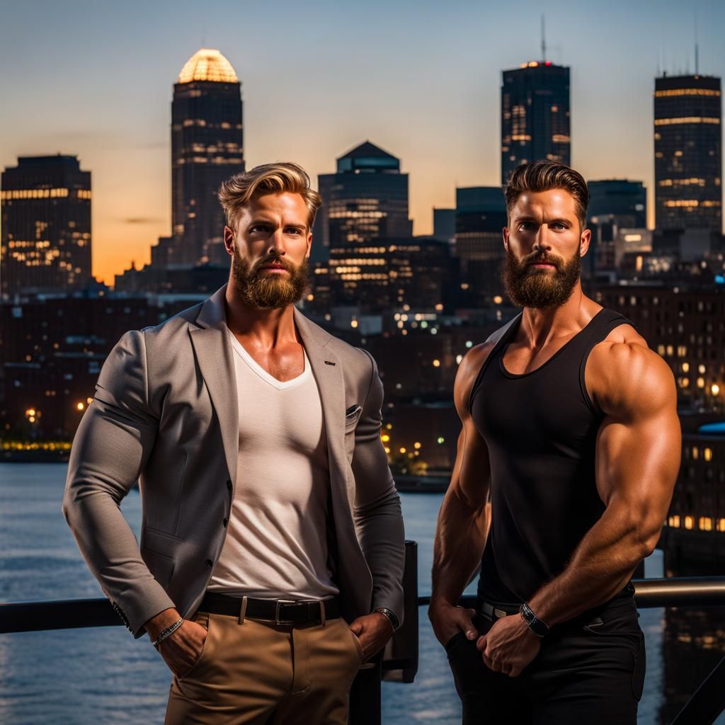 Men in Boston Skyline at Night
