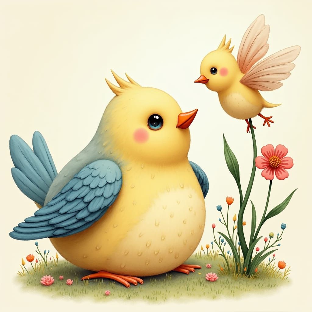 Pastel Birds and Flowers in Storybook Illustration Style