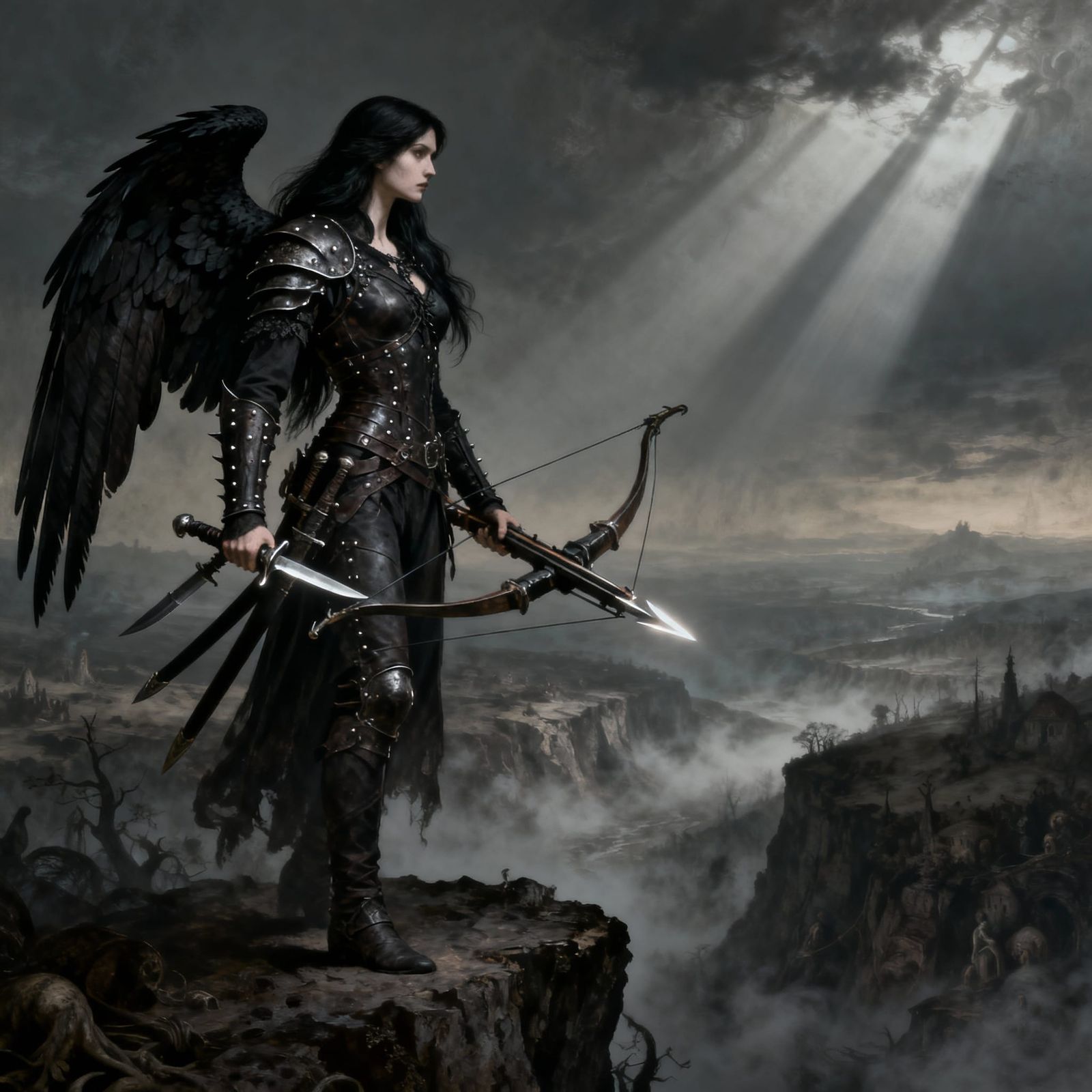 Dark Fantasy Warrior Woman with Raven Wings and Weapons