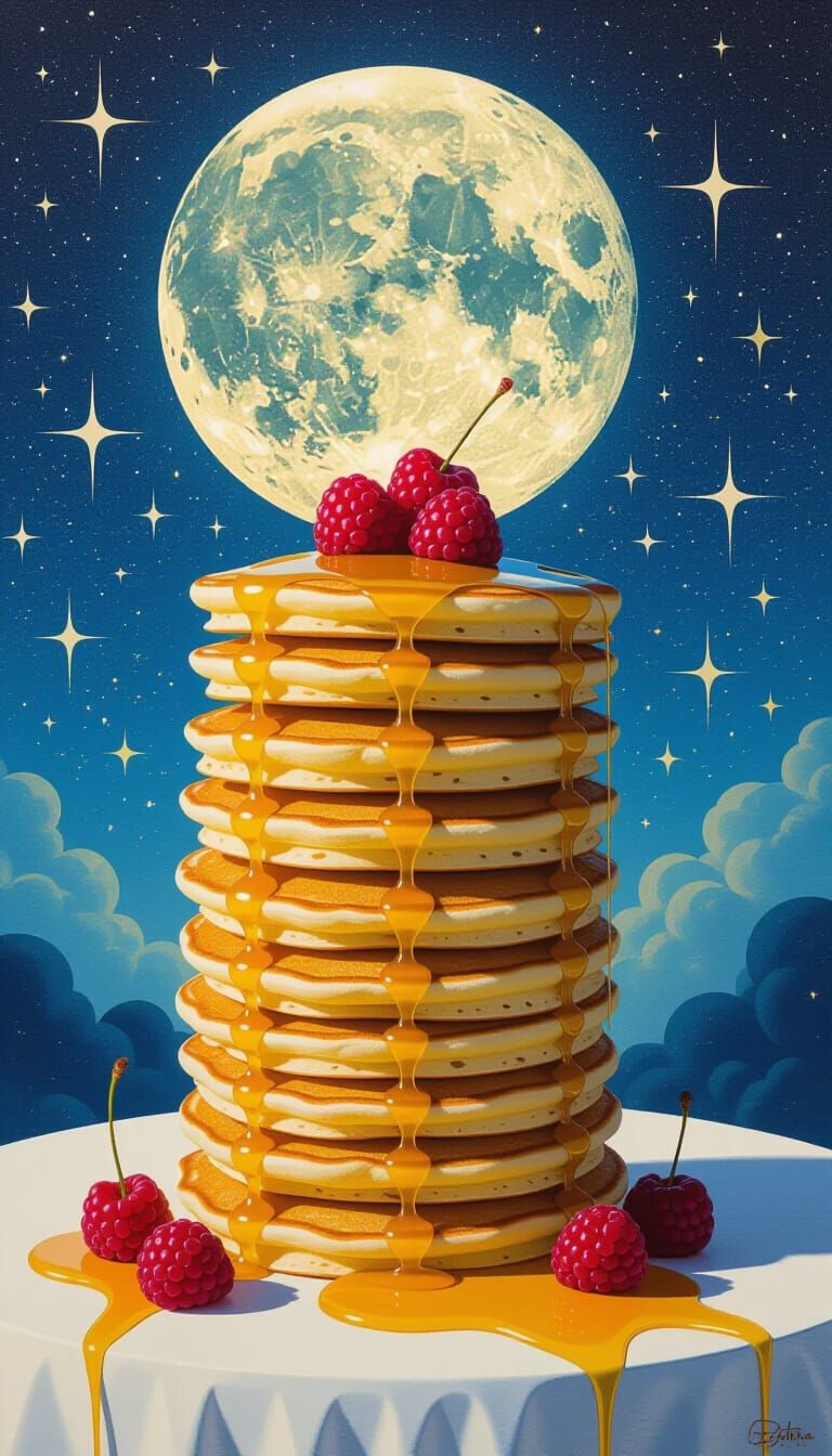 Surreal Pancakes Under Cosmic Moonlight in Mixed Media