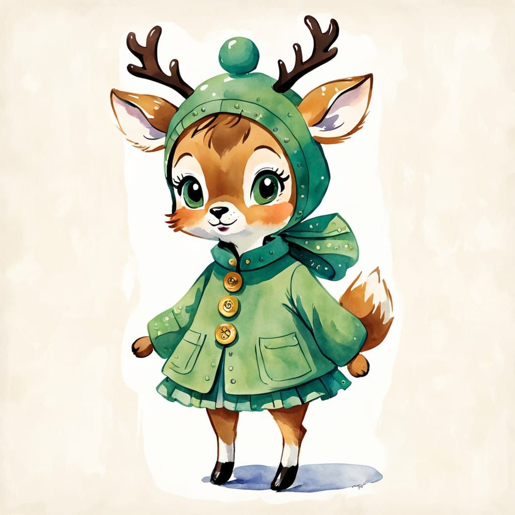 Whimsical Toy Deer Cub in Watercolor Sketch Style