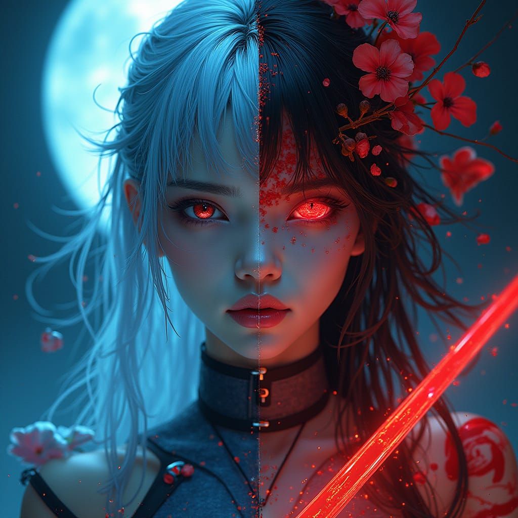 Divided Soul: A Cyberpunk Goddess in Moonlit Harmony