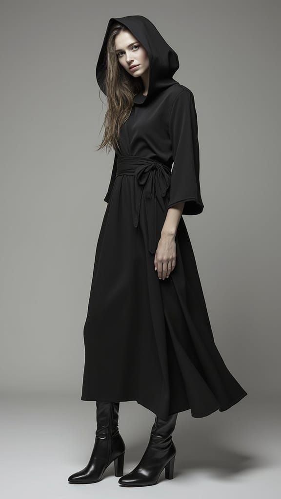 Female Model in Flowing Hooded Dress with Silk Boots
