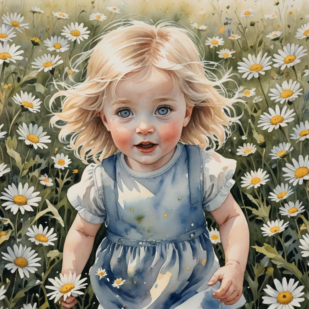 Watercolor Baby Running Through Daisy Field