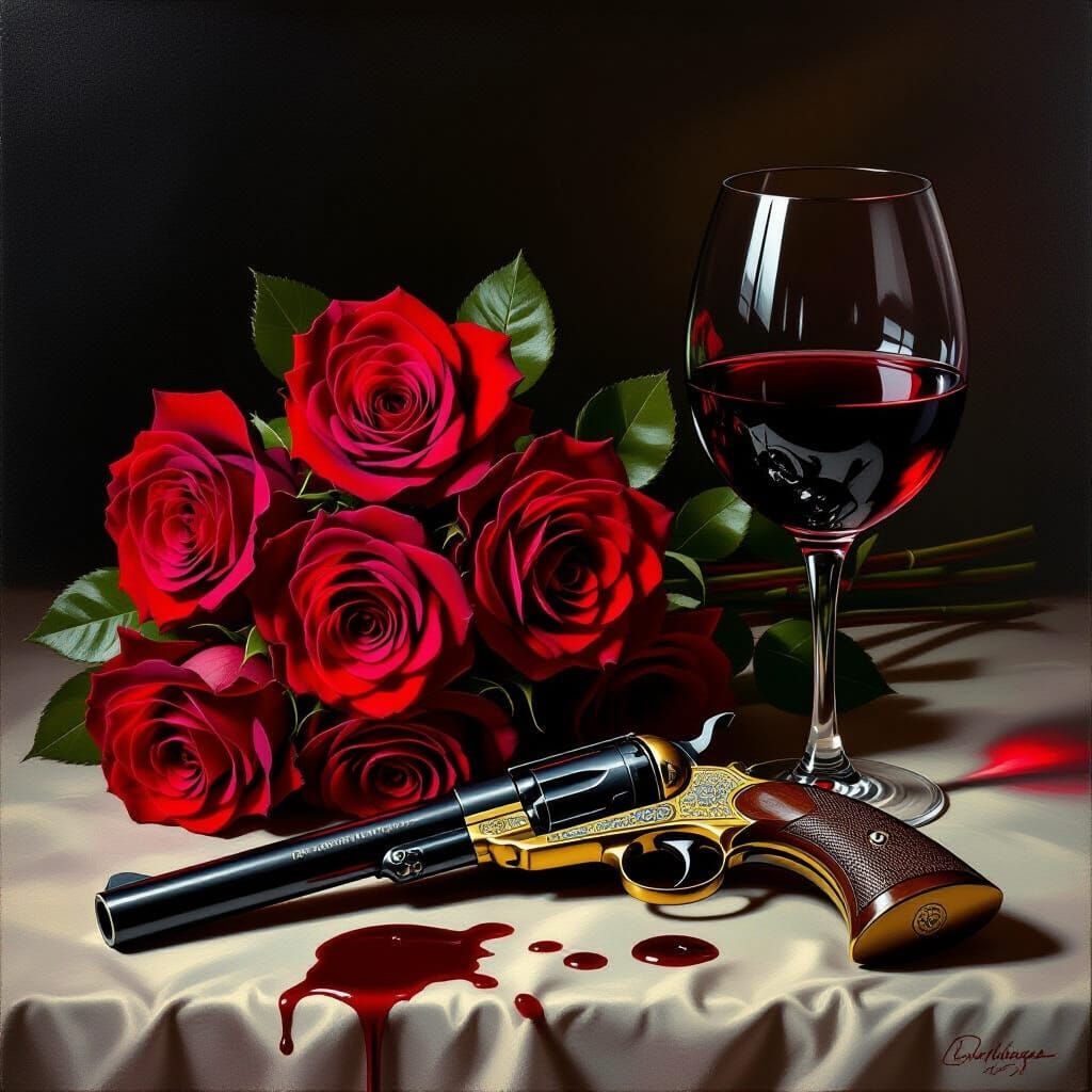 Blood & Roses: A Dramatic Still Life Oil Painting