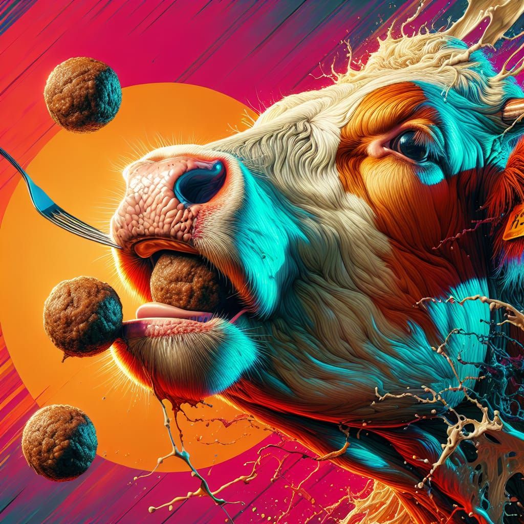 Hyper-Realistic Cow Eating Meatballs Splash Art