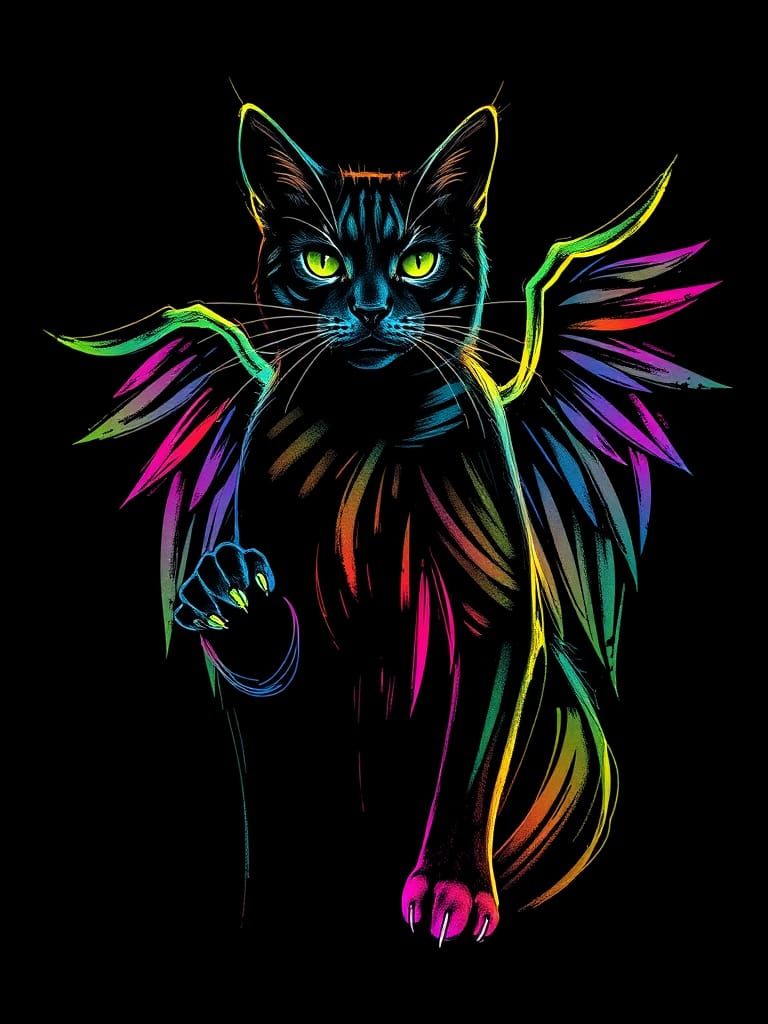 Minimalist Angel Battle in Iridescent Fluorescent Line Art