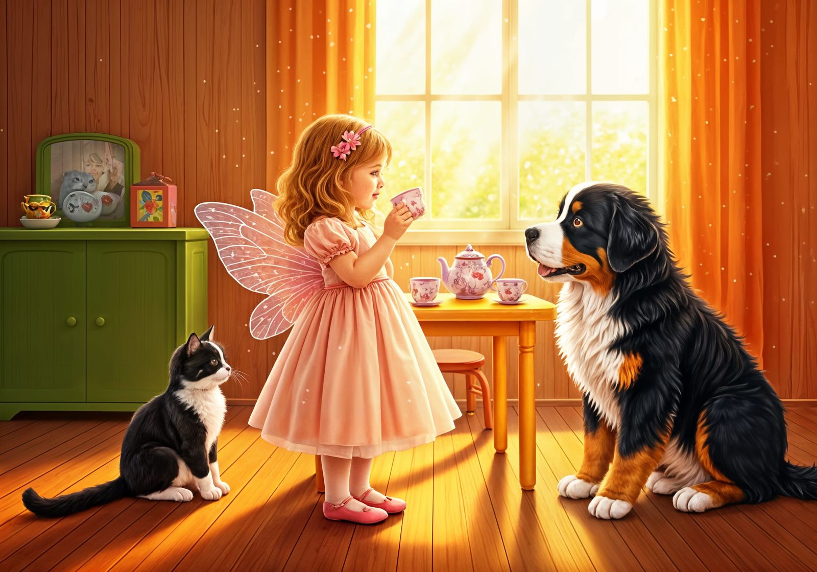 Little Girl Enjoys Tea Party with Furry Friends in Whimsical...