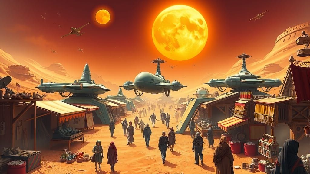 Vibrant Alien Bazaar Under Twin Suns