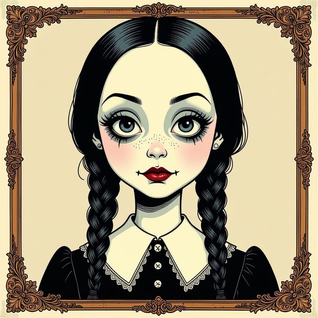 Wednesday Addams in Gross-Cute Cartoon Style
