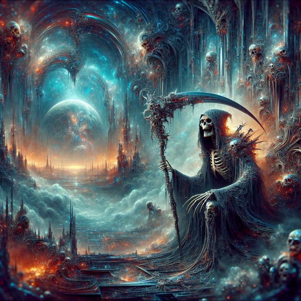 Grim Reaper Waiting with Scythe in Gloomy Scene