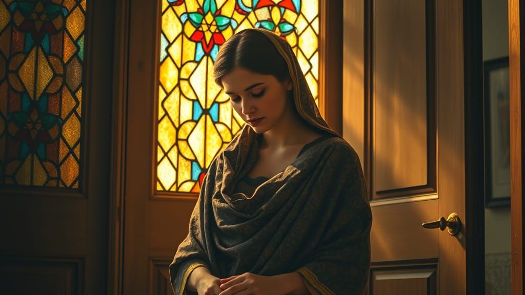 Serene Woman Contemplation in Stained Glass Light